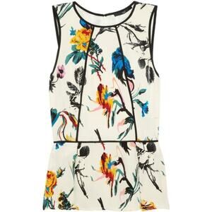 Tibi Cream Floral & Bird Printed Peplum Top
